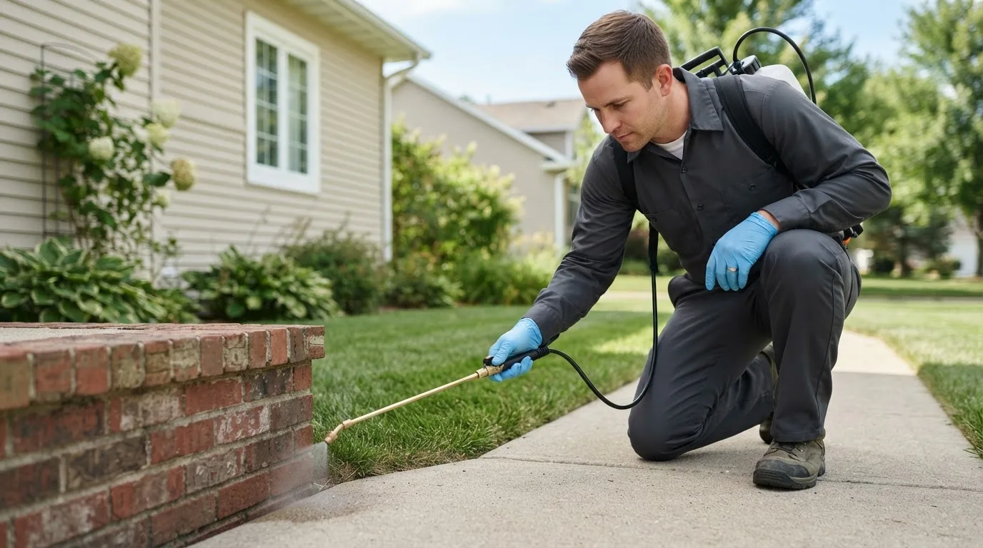 Pest control technician treating a home near Milroy, PA