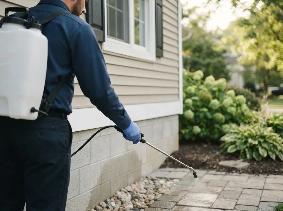 Pest control technician inspecting a home in Milroy, PA